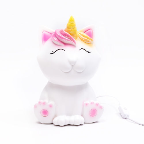 Velador gato unicornio blanco de poliserina con adap USB a 220 23x14x12cm